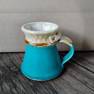 Handmade Turquoise & Cream Ceramic Mug, Signed Artisan No-Spill Coffee Cup